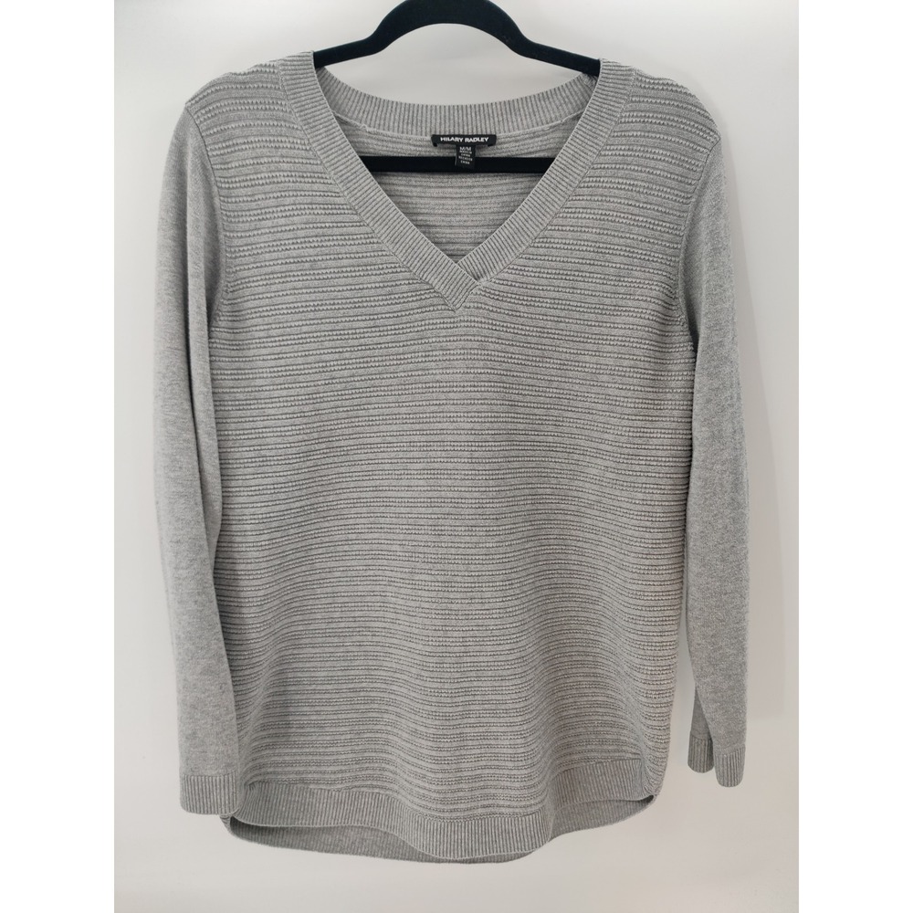 Hilary Radley Grey Textured Knit V Neck Long Sleeve Sweater Medium M